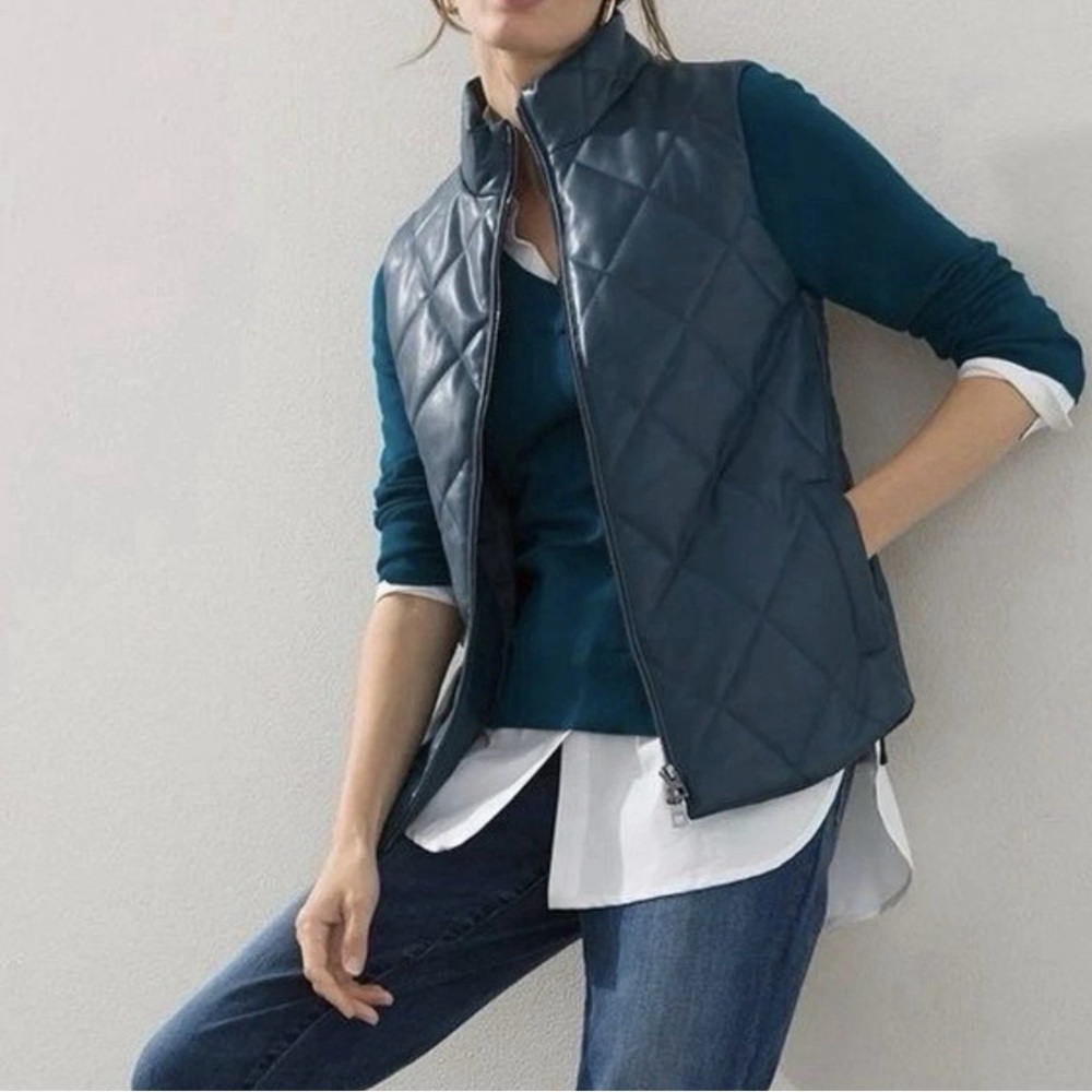 Chico’s Quilted Faux Leather Vest Dark Teal Luxe Layering Piece 12